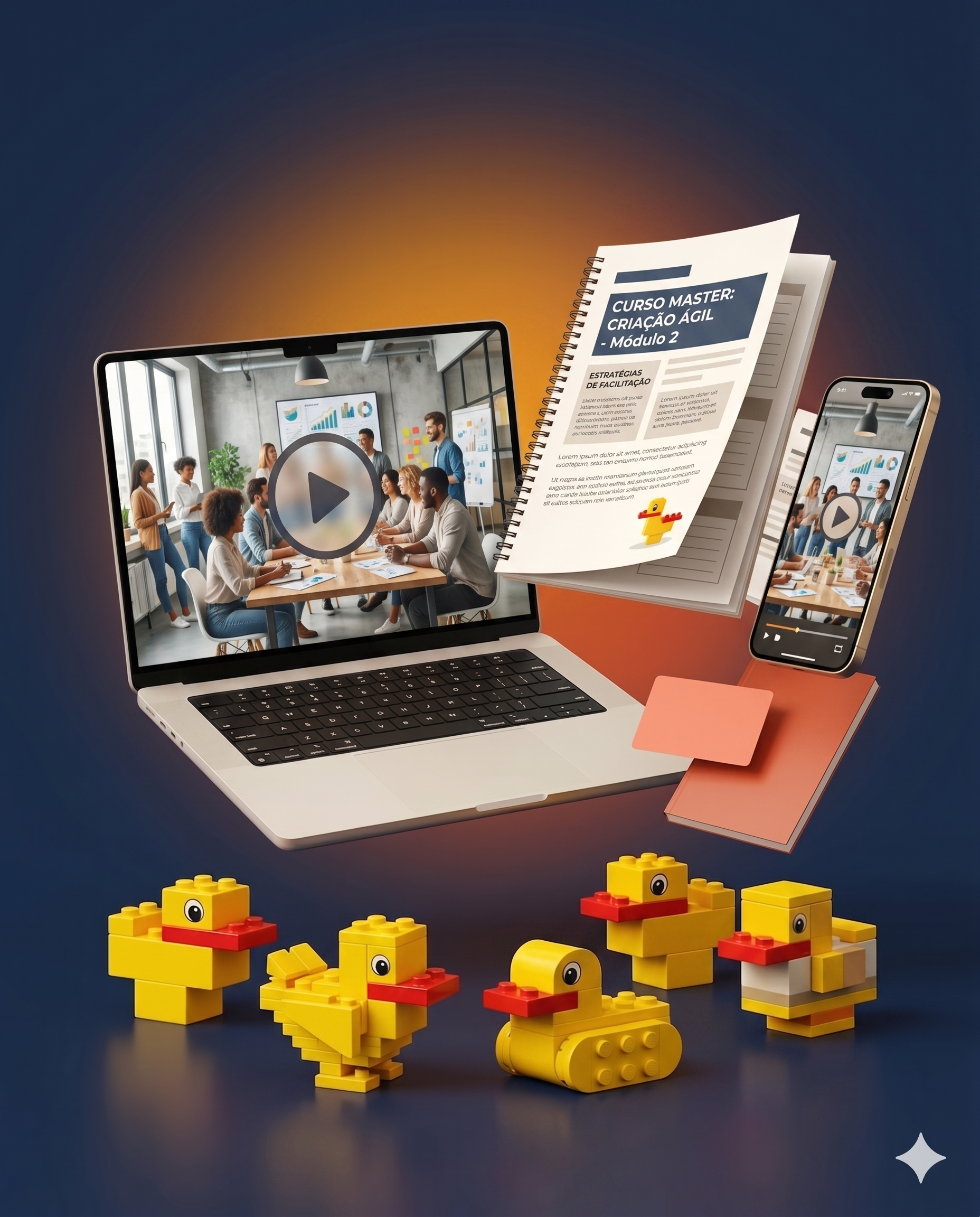 Everything you get with The Duck: the video walkthrough on a laptop and phone, the facilitation run sheet, the printable client brief, the bonus pack, and the duck builds
